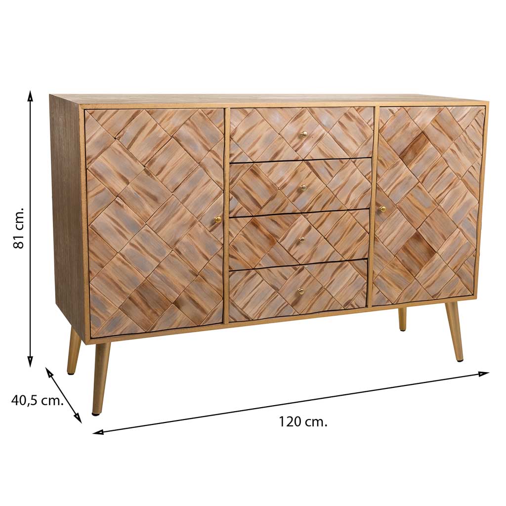 🪵 APARADOR MASAYA – MADERA DE PAULOWNIA, 2 PUERTAS Y 4 CAJONES, 120x40,5x81 CM