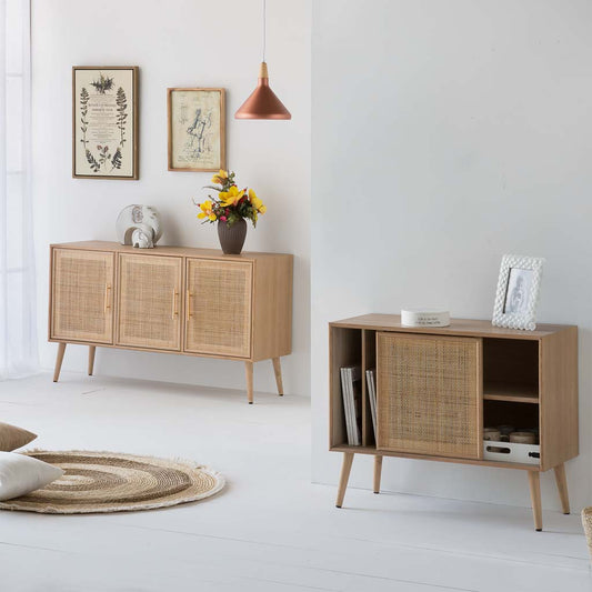 🪵 APARADOR TRENTO – MDF Y REJILLA DE CAÑA, 3 PUERTAS, 120x41,5x71 CM