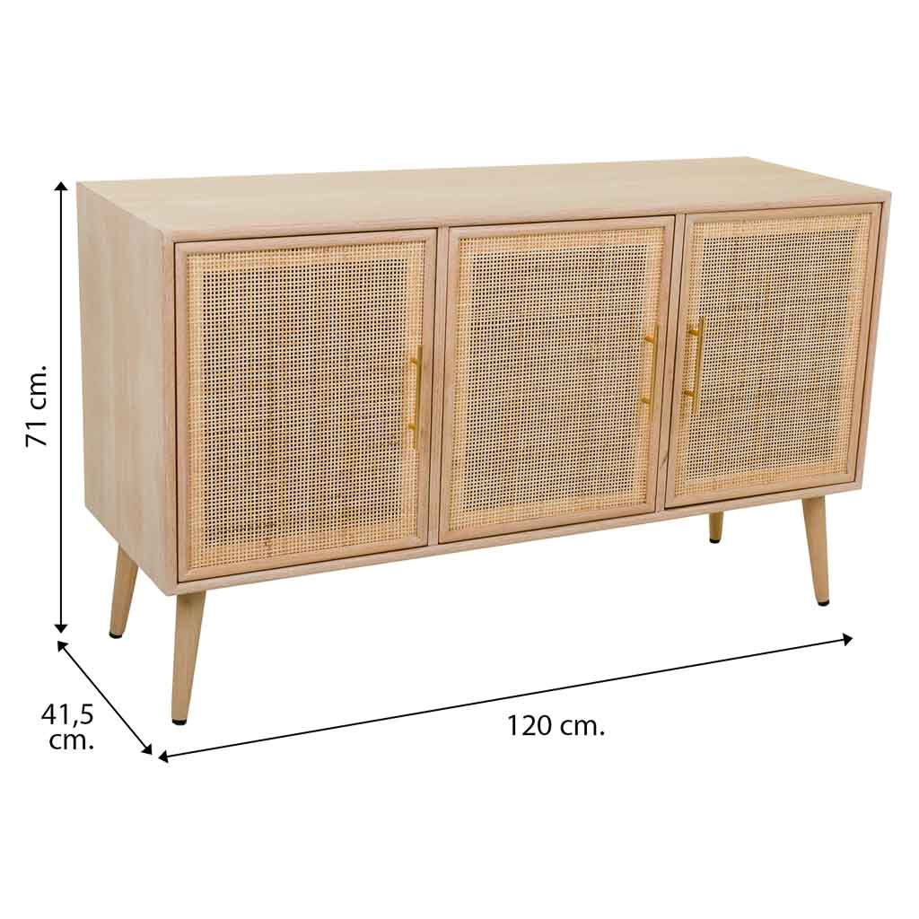 🪵 APARADOR TRENTO – MDF Y REJILLA DE CAÑA, 3 PUERTAS, 120x41,5x71 CM