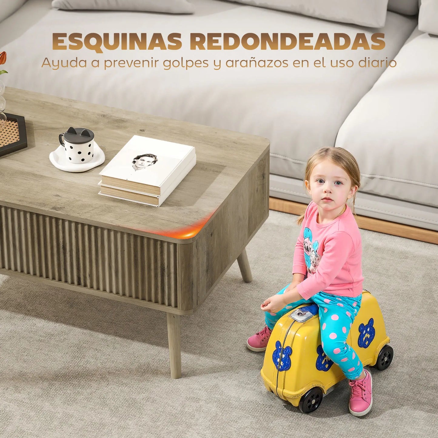 Mesa de Centro Elevable con Almacenaje Oculto y Patas de Pino 91 cm en Roble image 9