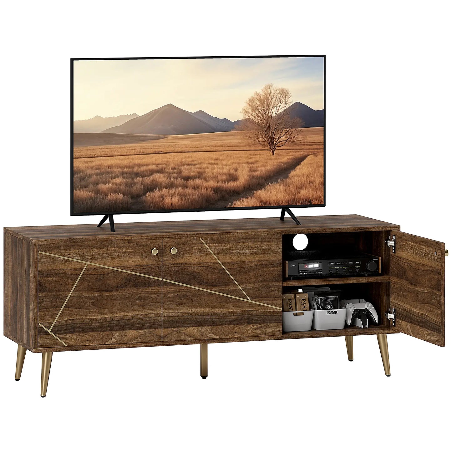 Mueble TV Moderno Marrón 130 cm con Patas Doradas image 2