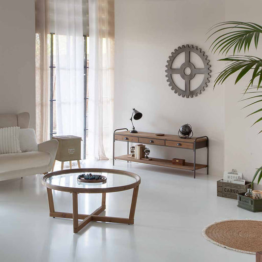 ☕ MESA DE CENTRO DUNA 100 – MADERA DE ABETO + CRISTAL TEMPLADO · REDONDA · ESTILO INDUSTRIAL