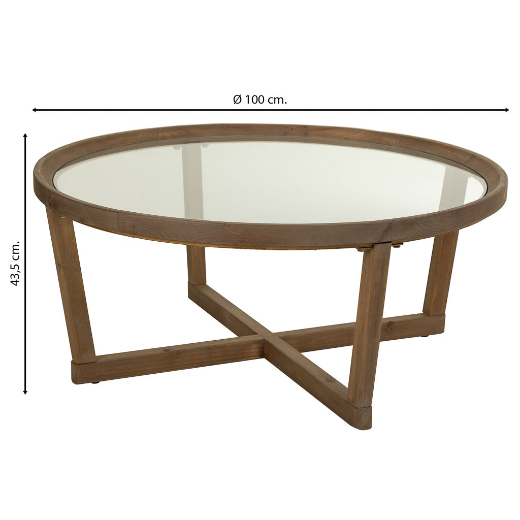 ☕ MESA DE CENTRO DUNA 100 – MADERA DE ABETO + CRISTAL TEMPLADO · REDONDA · ESTILO INDUSTRIAL