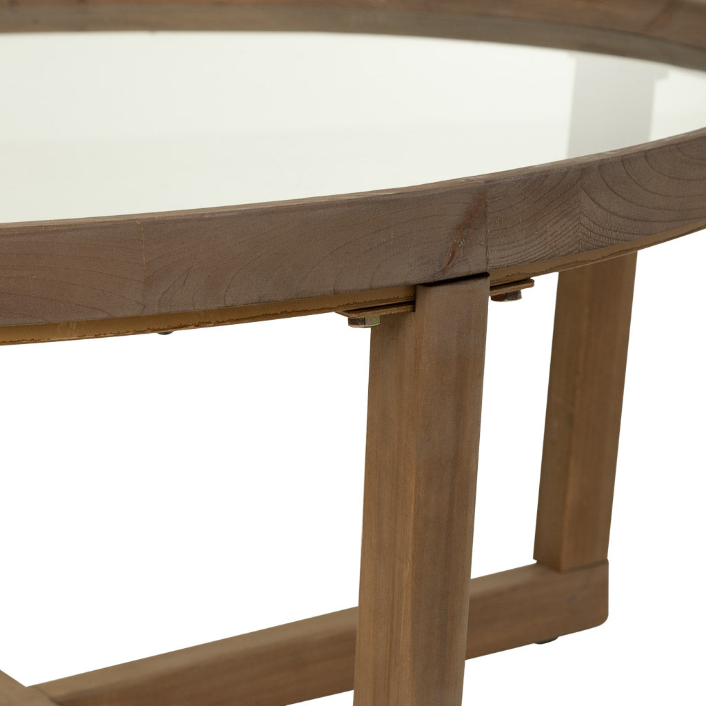 ☕ MESA DE CENTRO DUNA 100 – MADERA DE ABETO + CRISTAL TEMPLADO · REDONDA · ESTILO INDUSTRIAL