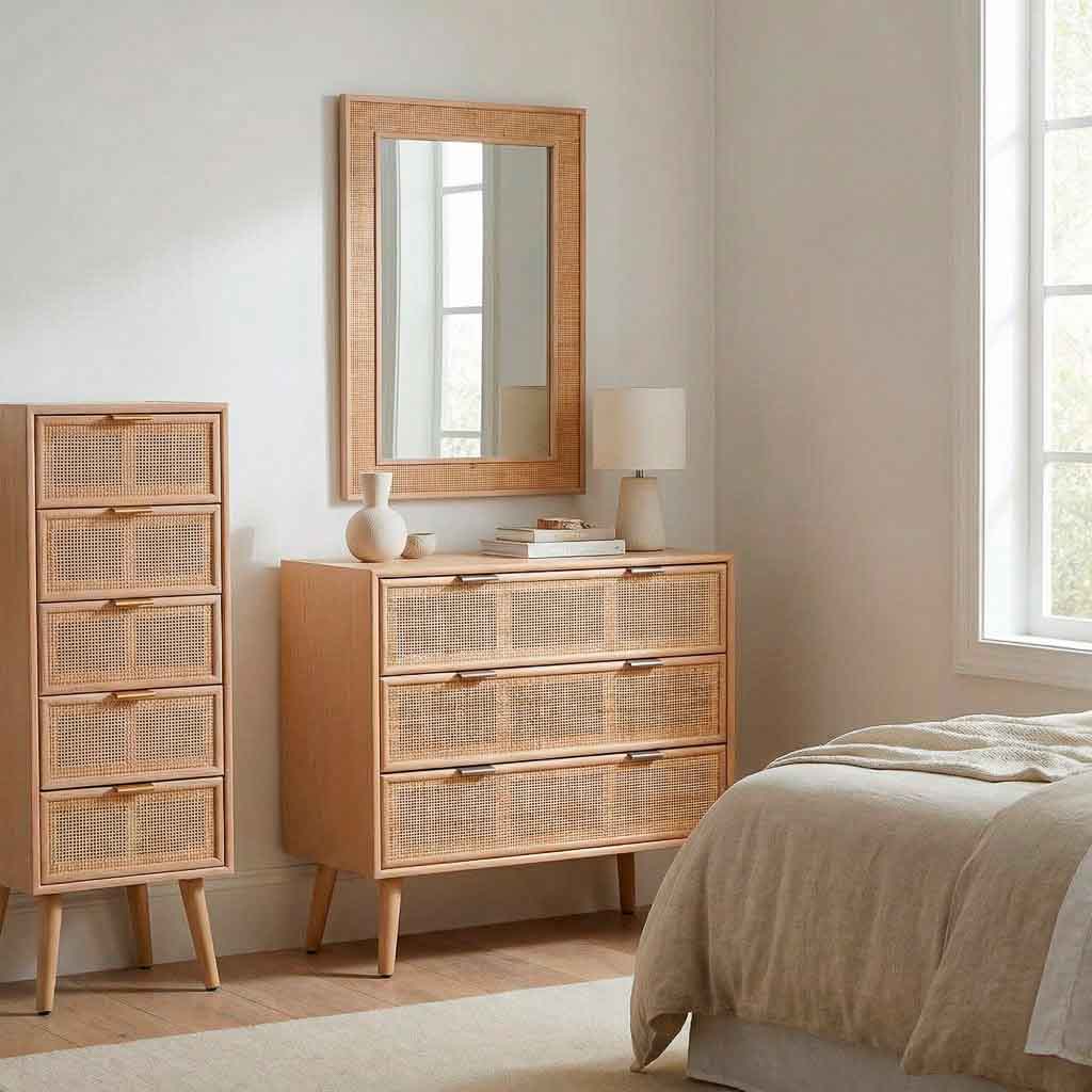 🪵 CÓMODA TRENTO – MDF Y REJILLA DE CAÑA, 3 CAJONES, 75x35x78 CM