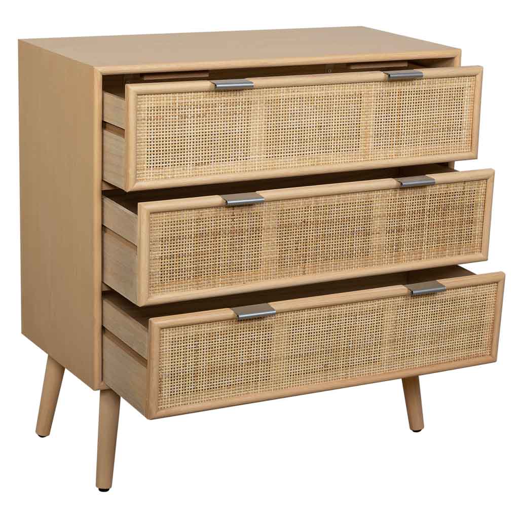 🪵 CÓMODA TRENTO – MDF Y REJILLA DE CAÑA, 3 CAJONES, 75x35x78 CM