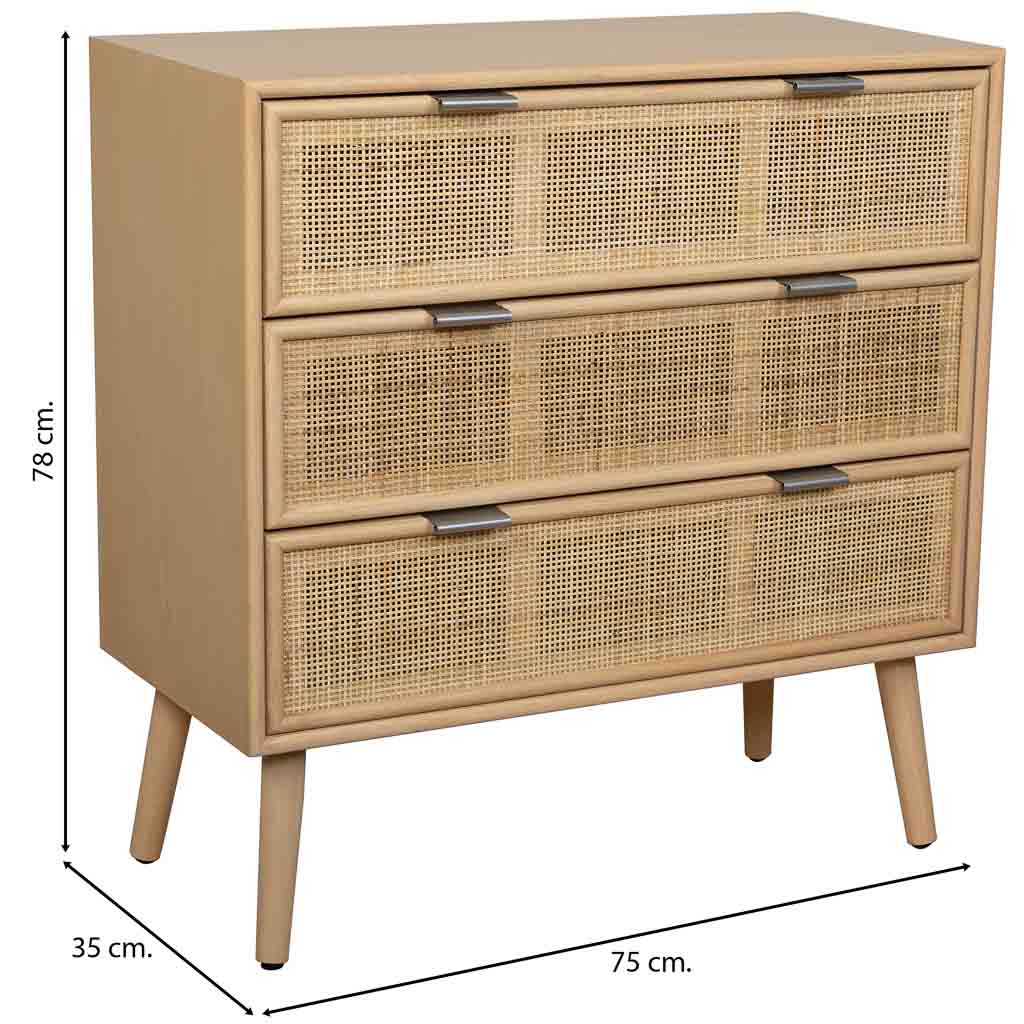 🪵 CÓMODA TRENTO – MDF Y REJILLA DE CAÑA, 3 CAJONES, 75x35x78 CM