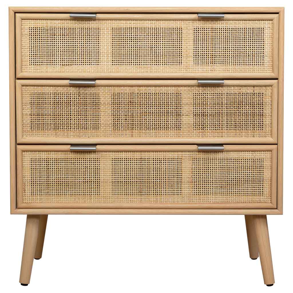 🪵 CÓMODA TRENTO – MDF Y REJILLA DE CAÑA, 3 CAJONES, 75x35x78 CM