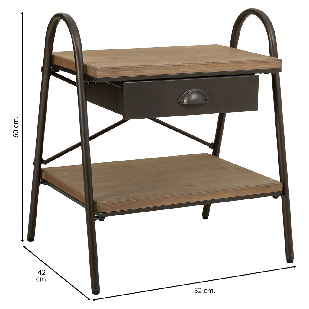 🛏️ MESITA DUNA 52 – MADERA DE ABETO + METAL · 1 CAJÓN + BALDA · ESTILO INDUSTRIAL