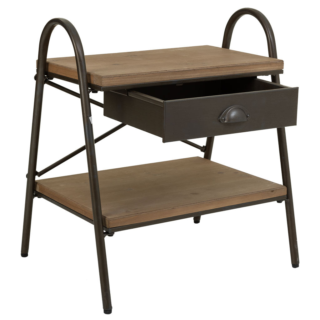 🛏️ MESITA DUNA 52 – MADERA DE ABETO + METAL · 1 CAJÓN + BALDA · ESTILO INDUSTRIAL