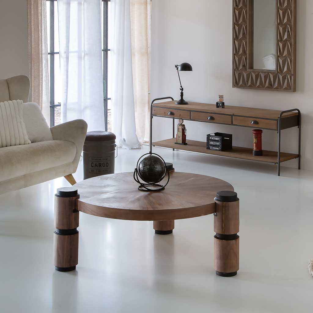 ☕ MESA DE CENTRO DUNA 110 – MADERA DE ABETO · TABLERO RADIAL · PATAS CILÍNDRICAS · ESTILO INDUSTRIAL