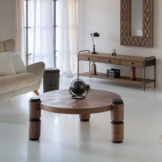 ☕ MESA DE CENTRO DUNA 110 – MADERA DE ABETO · TABLERO RADIAL · PATAS CILÍNDRICAS · ESTILO INDUSTRIAL