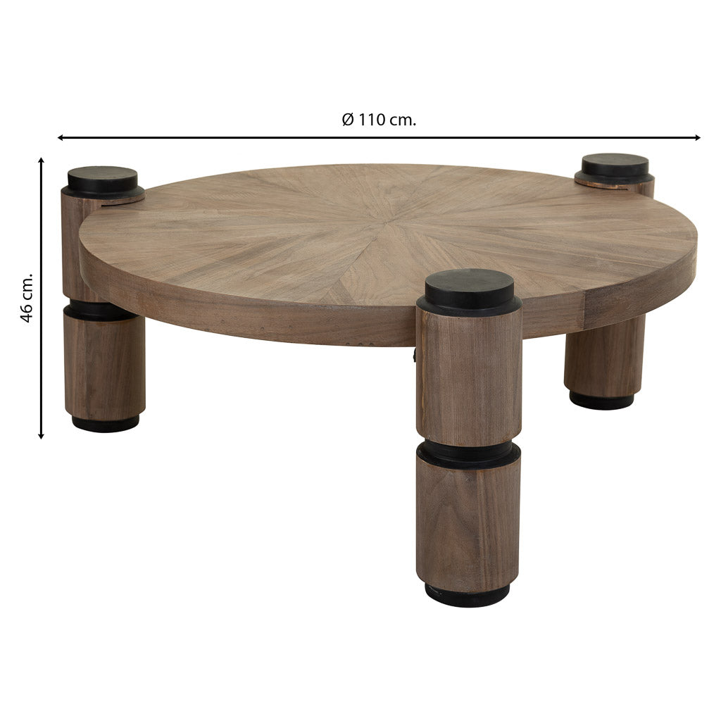 ☕ MESA DE CENTRO DUNA 110 – MADERA DE ABETO · TABLERO RADIAL · PATAS CILÍNDRICAS · ESTILO INDUSTRIAL