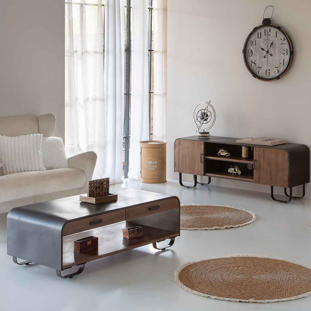 ☕ MESA DE CENTRO DUNA 120 – MADERA + METAL NEGRO · 2 CAJONES + BALDA INFERIOR · ESTILO INDUSTRIAL