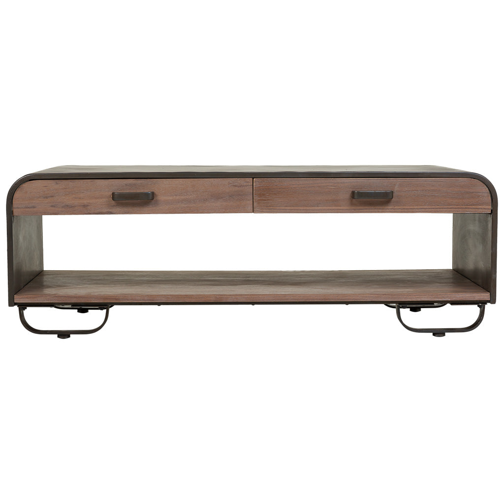 ☕ MESA DE CENTRO DUNA 120 – MADERA + METAL NEGRO · 2 CAJONES + BALDA INFERIOR · ESTILO INDUSTRIAL