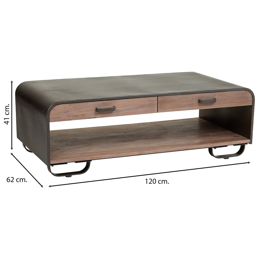 ☕ MESA DE CENTRO DUNA 120 – MADERA + METAL NEGRO · 2 CAJONES + BALDA INFERIOR · ESTILO INDUSTRIAL