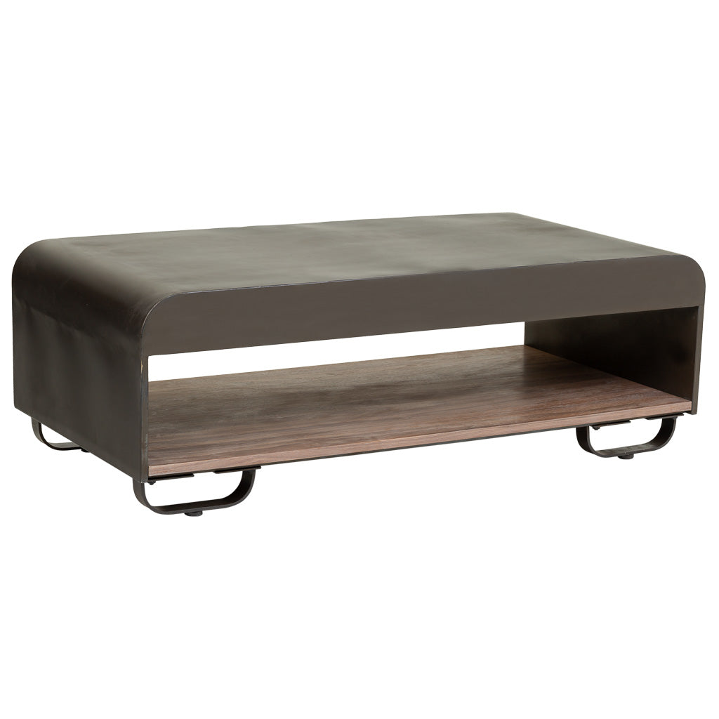 ☕ MESA DE CENTRO DUNA 120 – MADERA + METAL NEGRO · 2 CAJONES + BALDA INFERIOR · ESTILO INDUSTRIAL