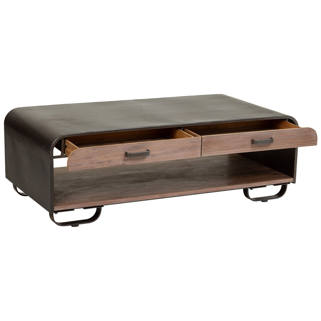 ☕ MESA DE CENTRO DUNA 120 – MADERA + METAL NEGRO · 2 CAJONES + BALDA INFERIOR · ESTILO INDUSTRIAL
