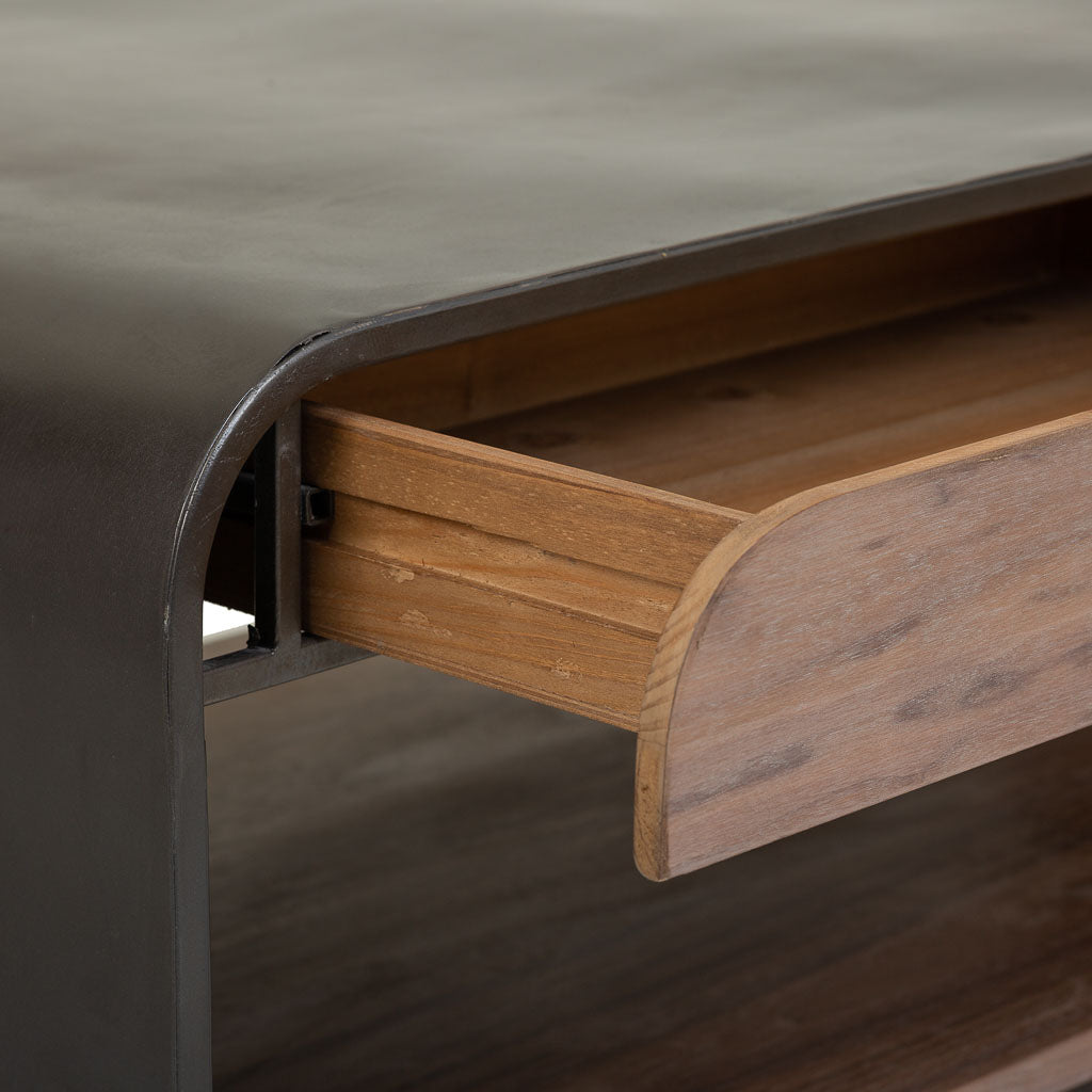 ☕ MESA DE CENTRO DUNA 120 – MADERA + METAL NEGRO · 2 CAJONES + BALDA INFERIOR · ESTILO INDUSTRIAL