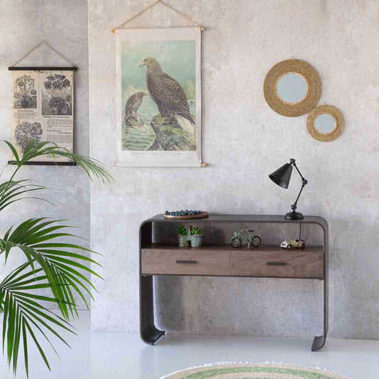 🏠 RECIBIDOR DUNA 122 – MADERA DE ABETO + METAL NEGRO · 2 CAJONES · ESTILO INDUSTRIAL