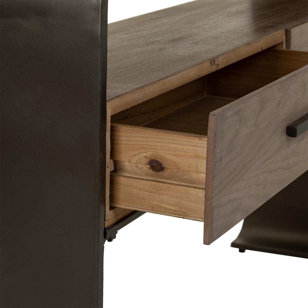 🏠 RECIBIDOR DUNA 122 – MADERA DE ABETO + METAL NEGRO · 2 CAJONES · ESTILO INDUSTRIAL