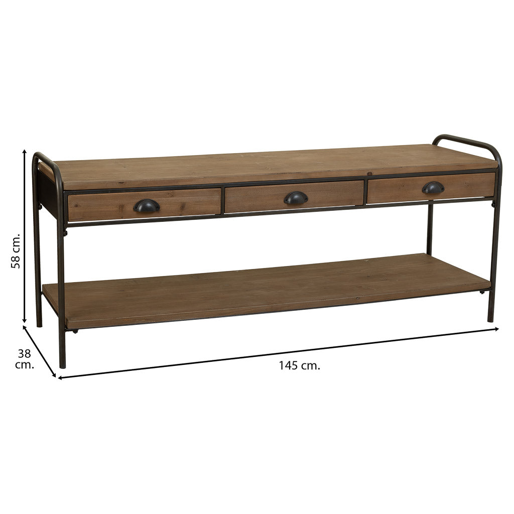 🪵 APARADOR DUNA 149 – MADERA DE ABETO + METAL · 3 CAJONES + BALDA INFERIOR · ESTILO INDUSTRIAL