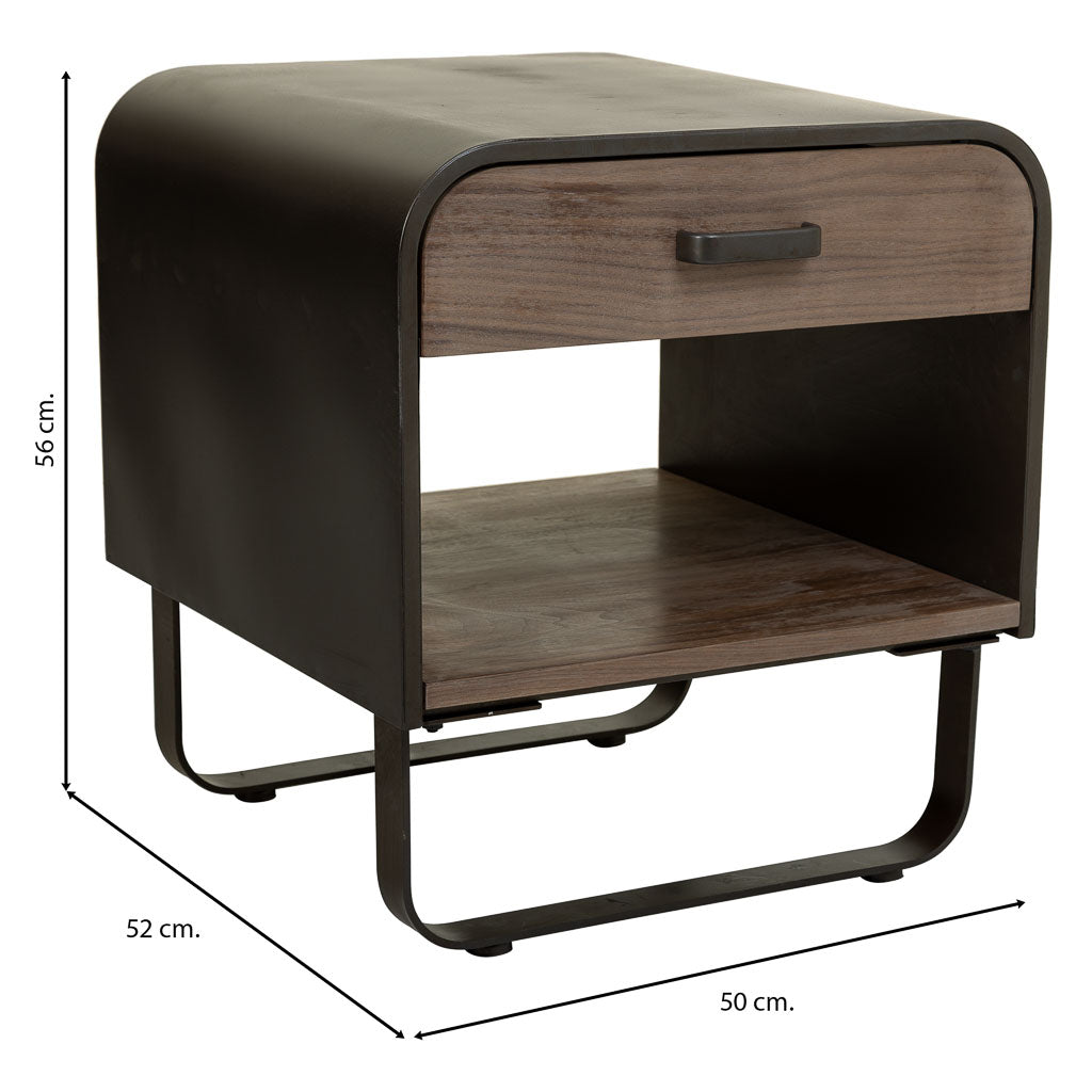 🛏️ MESITA DUNA 50 – MADERA DE ABETO + METAL NEGRO · 1 CAJÓN + BALDA · ESTILO INDUSTRIAL