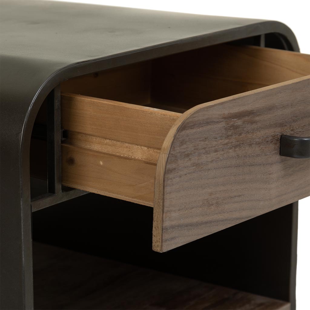 🛏️ MESITA DUNA 50 – MADERA DE ABETO + METAL NEGRO · 1 CAJÓN + BALDA · ESTILO INDUSTRIAL