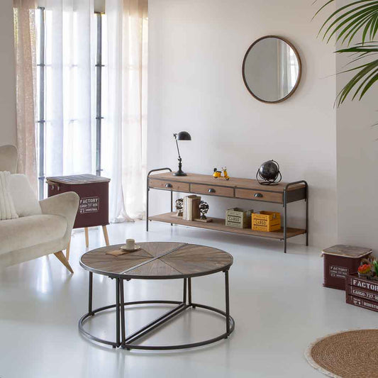 ☕ SET 2 MESAS DE CENTRO DUNA – MADERA DE ABETO + METAL · DISEÑO SEMICIRCULAR · ESTILO INDUSTRIAL