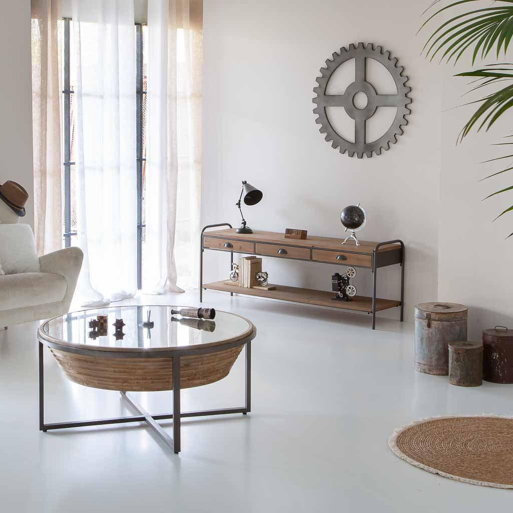☕ MESA DE CENTRO DUNA 102 – MADERA + METAL + CRISTAL · REDONDA · ESTILO INDUSTRIAL