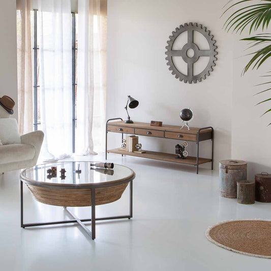 ☕ MESA DE CENTRO DUNA 102 – MADERA + METAL + CRISTAL · REDONDA · ESTILO INDUSTRIAL