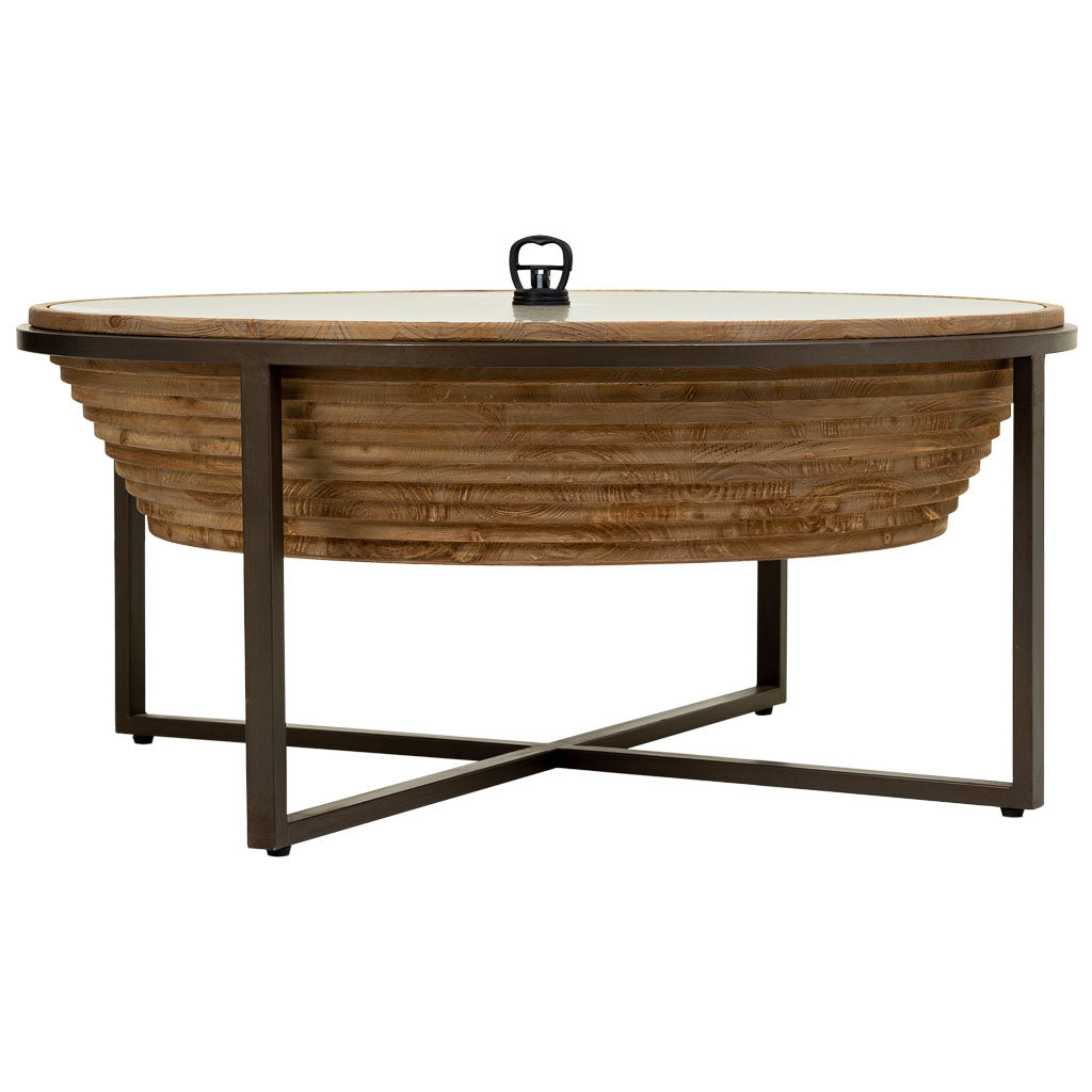 ☕ MESA DE CENTRO DUNA 102 – MADERA + METAL + CRISTAL · REDONDA · ESTILO INDUSTRIAL