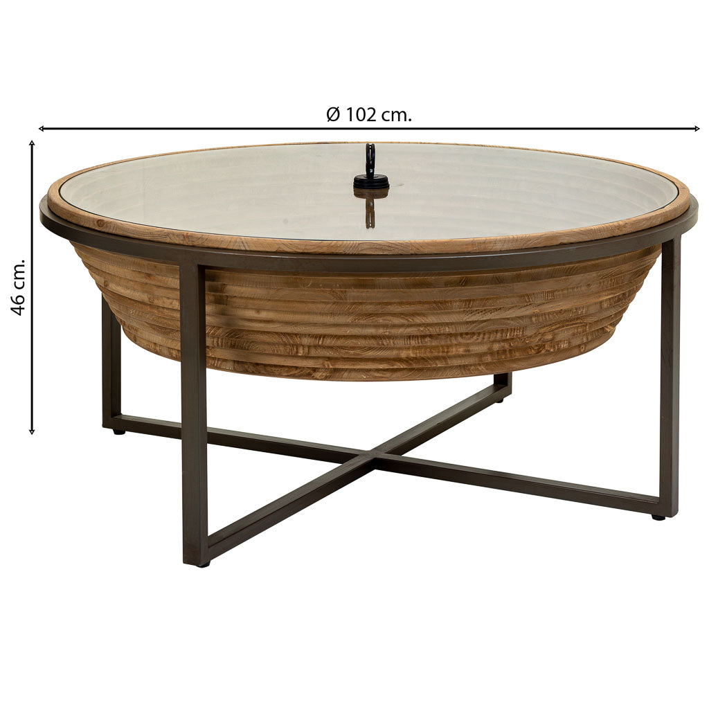 ☕ MESA DE CENTRO DUNA 102 – MADERA + METAL + CRISTAL · REDONDA · ESTILO INDUSTRIAL