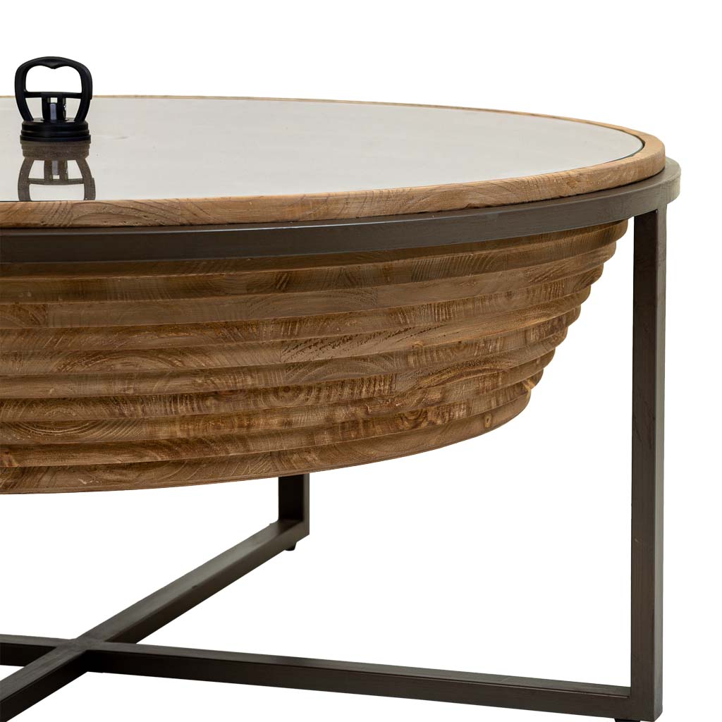 ☕ MESA DE CENTRO DUNA 102 – MADERA + METAL + CRISTAL · REDONDA · ESTILO INDUSTRIAL