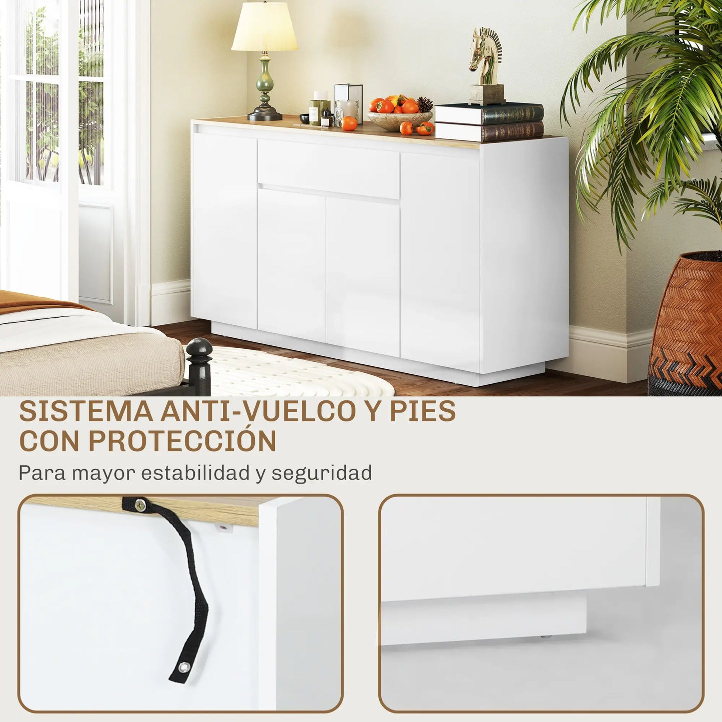 APARADOR DE SALÓN CON 4 PUERTAS, CAJÓN Y ESTANTES AJUSTABLES 140 CM – BLANCO BRI image 9