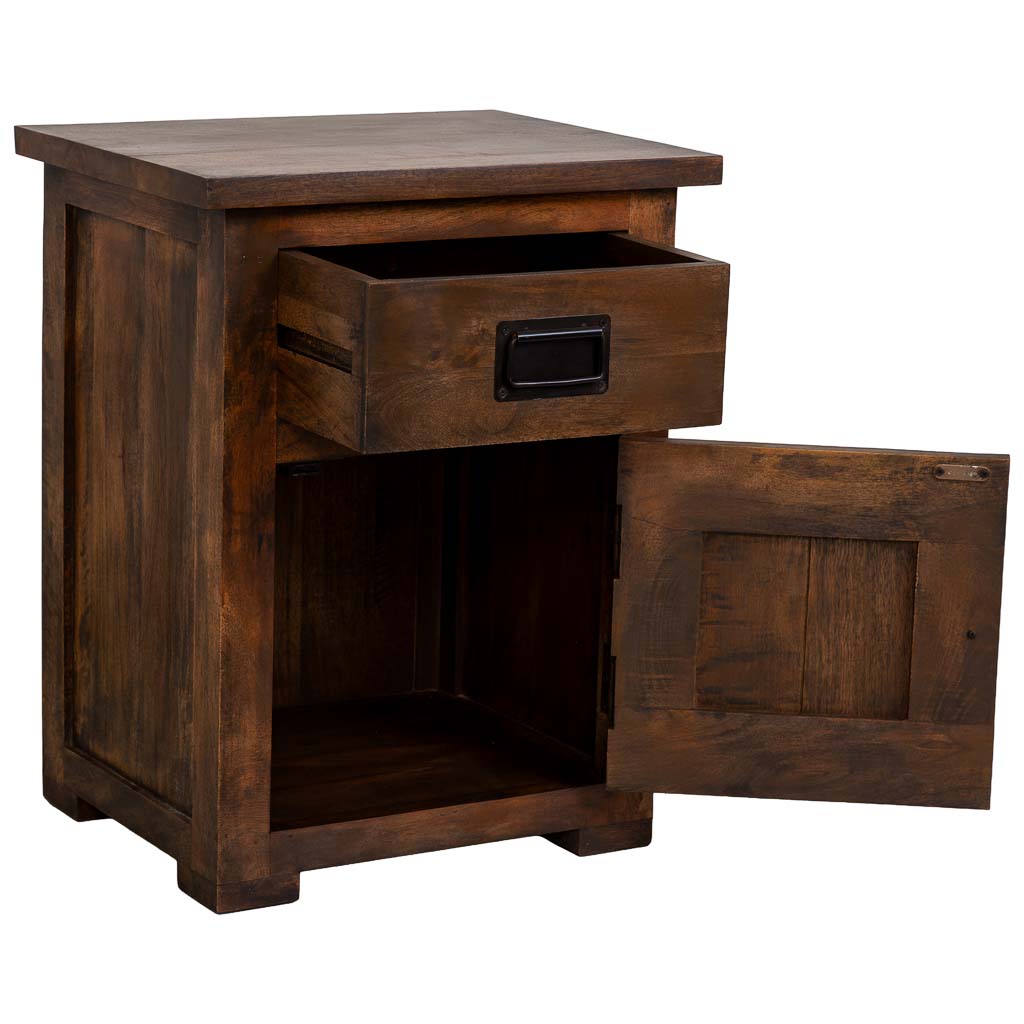 MESITA ÓXIDO ARTESANAL DE MADERA MACIZA CON 1 PUERTA Y 1 CAJÓN image 1