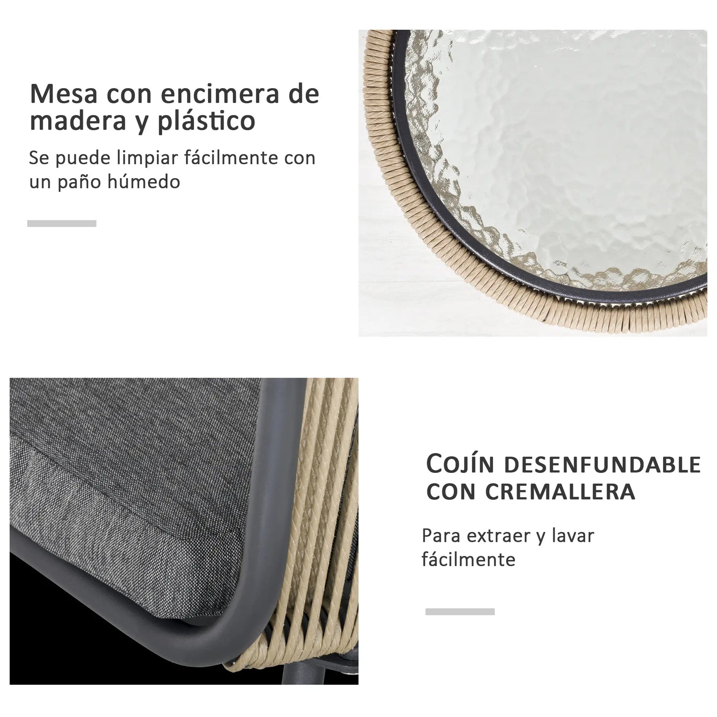 CONJUNTO DE JARDÍN RATÁN CAFÉ Y GRIS 2 SILLAS + MESA CRISTAL – MODELO SIENA image 5