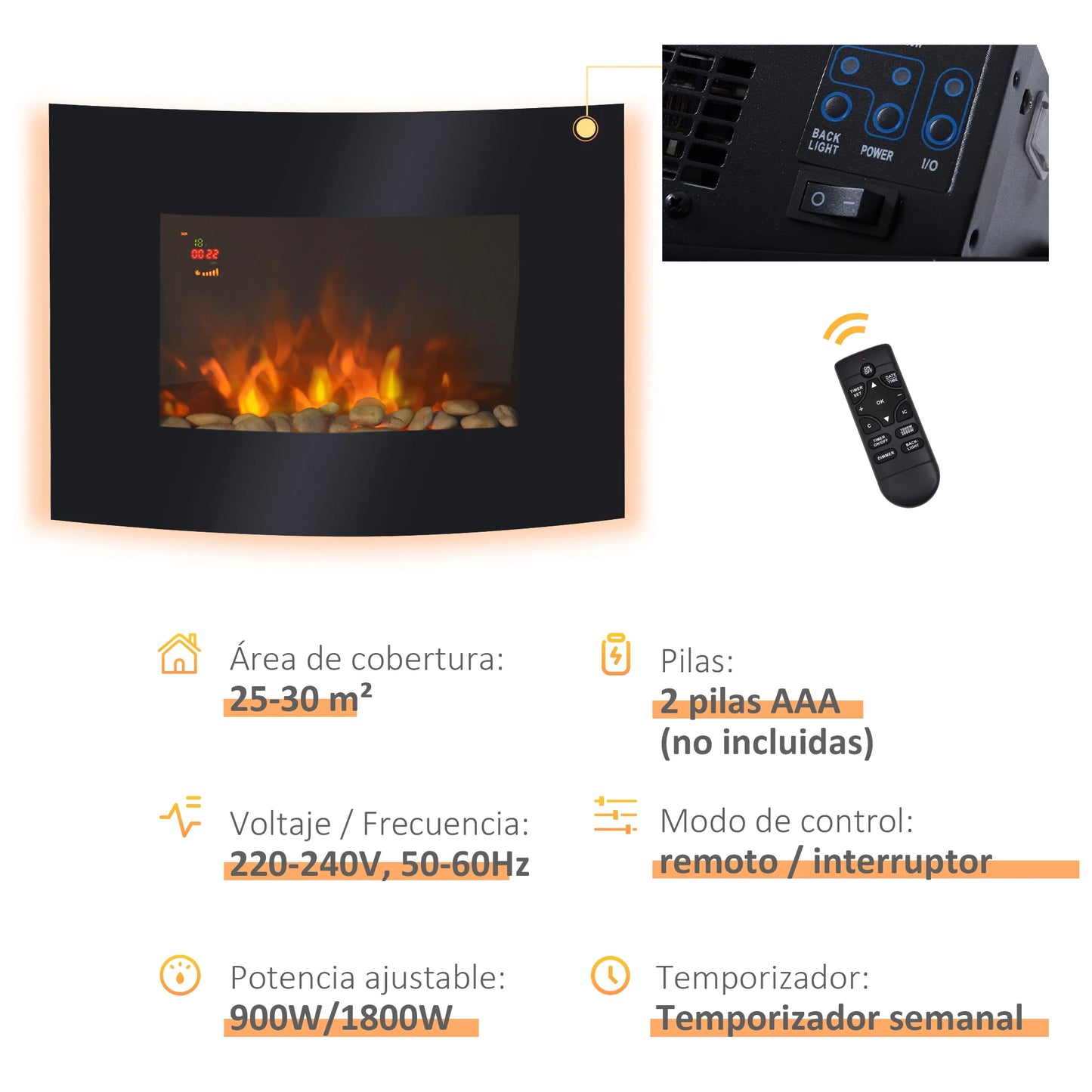 CHIMENEA ELÉCTRICA WALLFIRE ATMOS 1800W 65 CM NEGRO image 3
