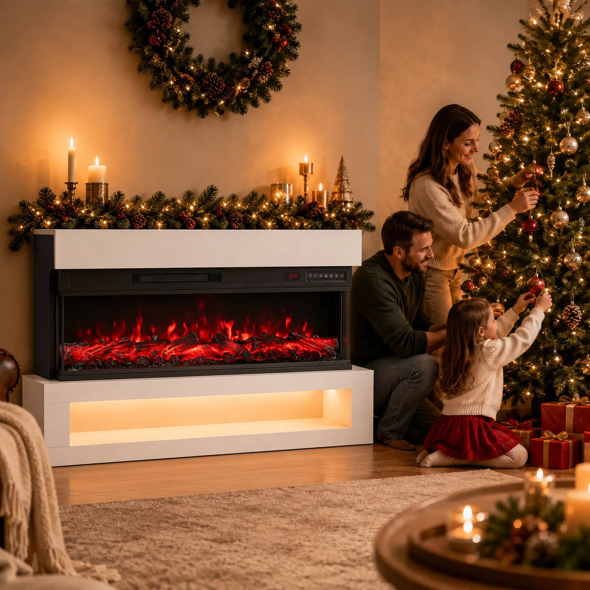 🔥 CHIMENEA ELÉCTRICA PANORAMIC FLAME 110 – BLANCA CON LLAMAS 3D, MUEBLE TV Y LUZ LED