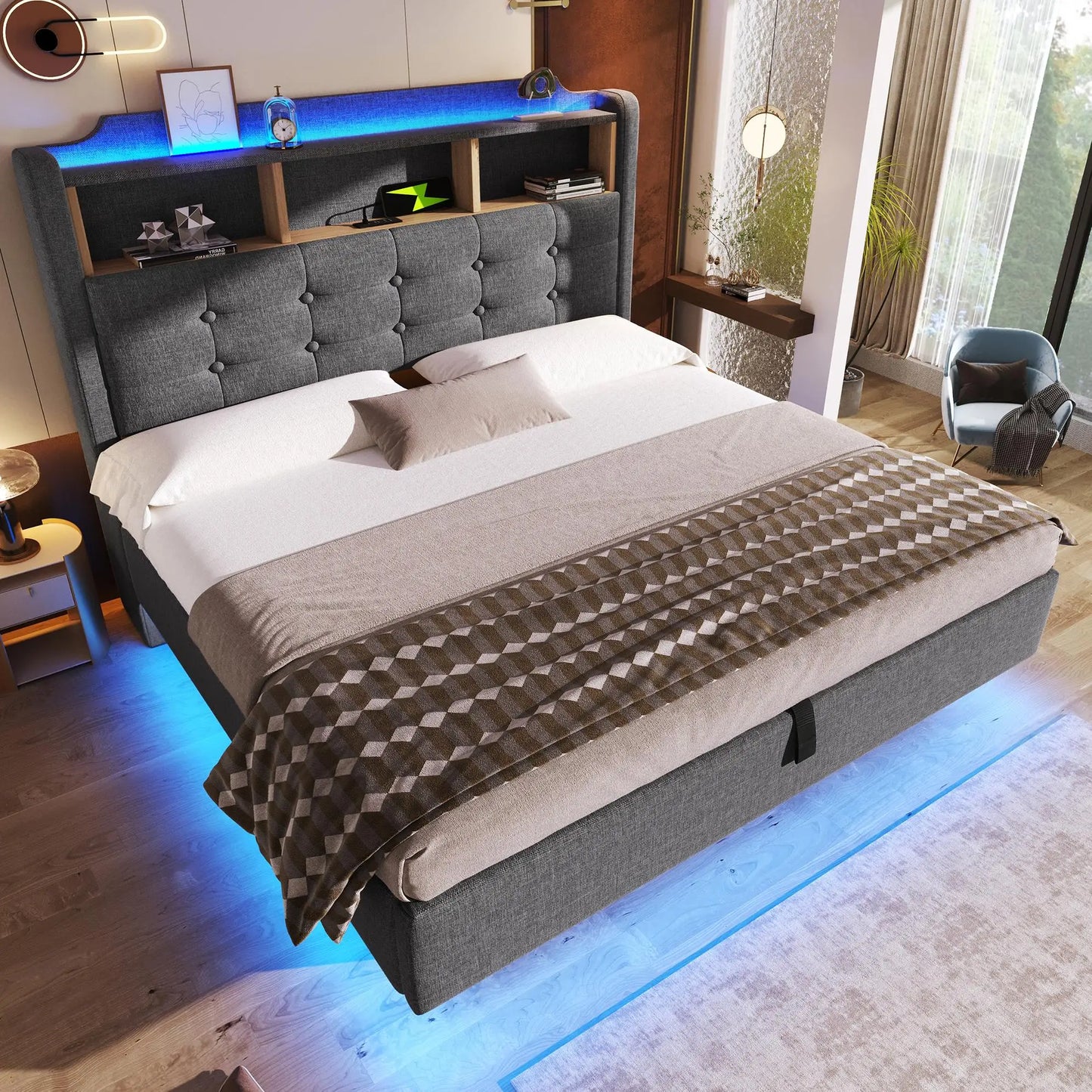 🛏️ CAMA TAPIZADA FLOTANTE 140 × 200 CM CON LED, USB Y ARCÓN HIDRÁULICO | GRIS Y BEIGE | JAM MUEBLES