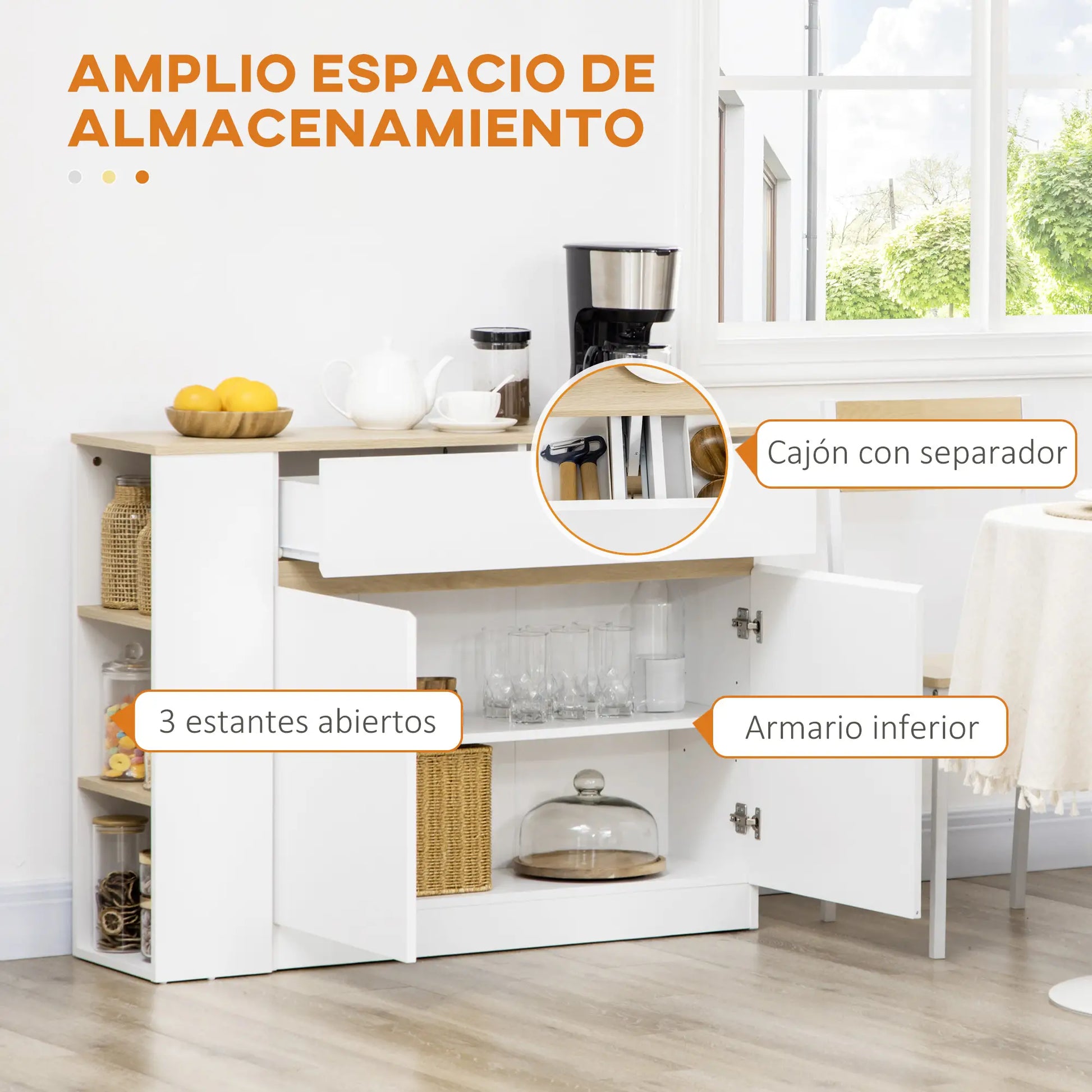 APARADOR DE COCINA BLANCO CON ESTANTES ABIERTOS Y CAJÓN – MODELO SIERRA image 9