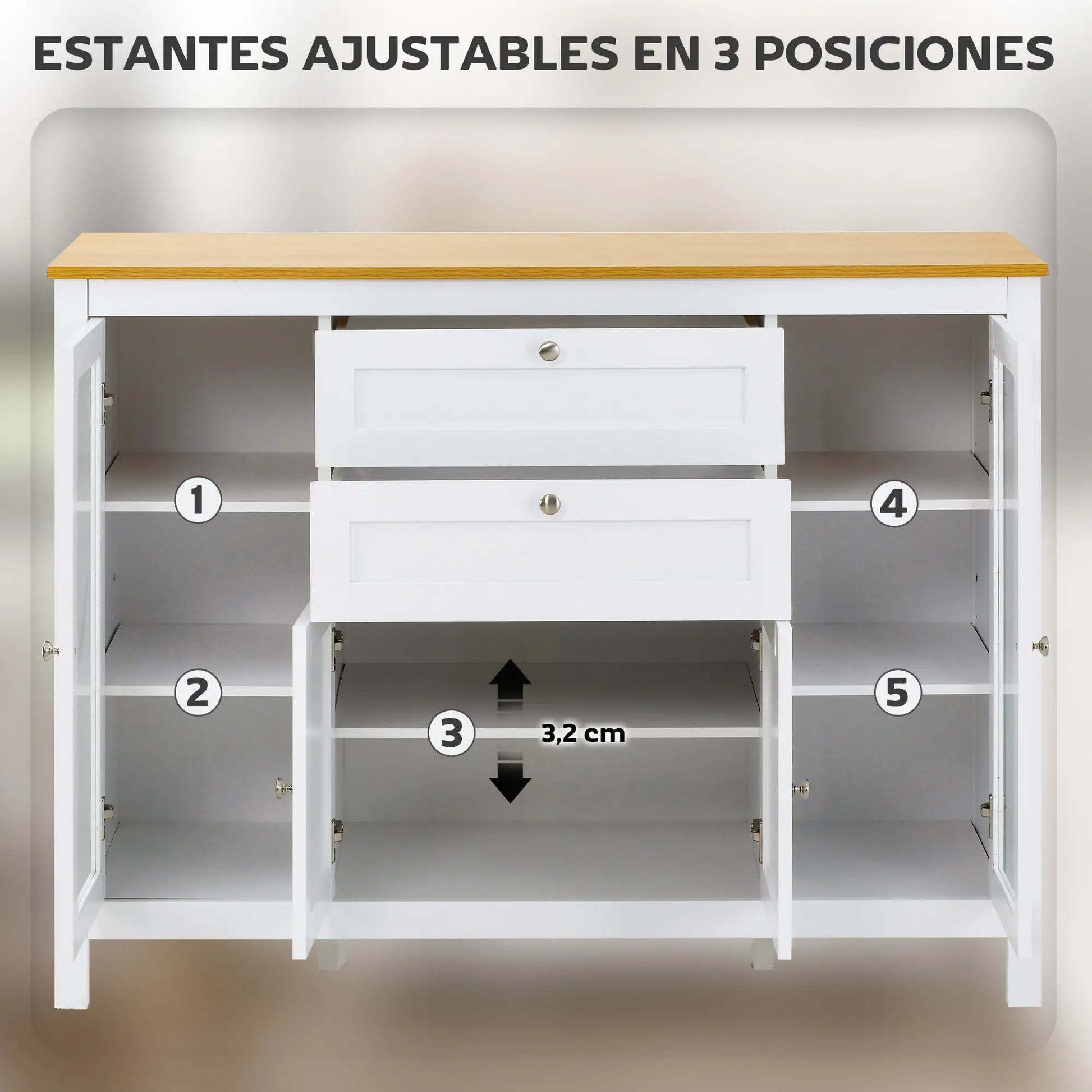 APARADOR DE COCINA BLANCO CON PUERTAS DE VIDRIO Y CAJONES – MODELO CLASSIC image 1