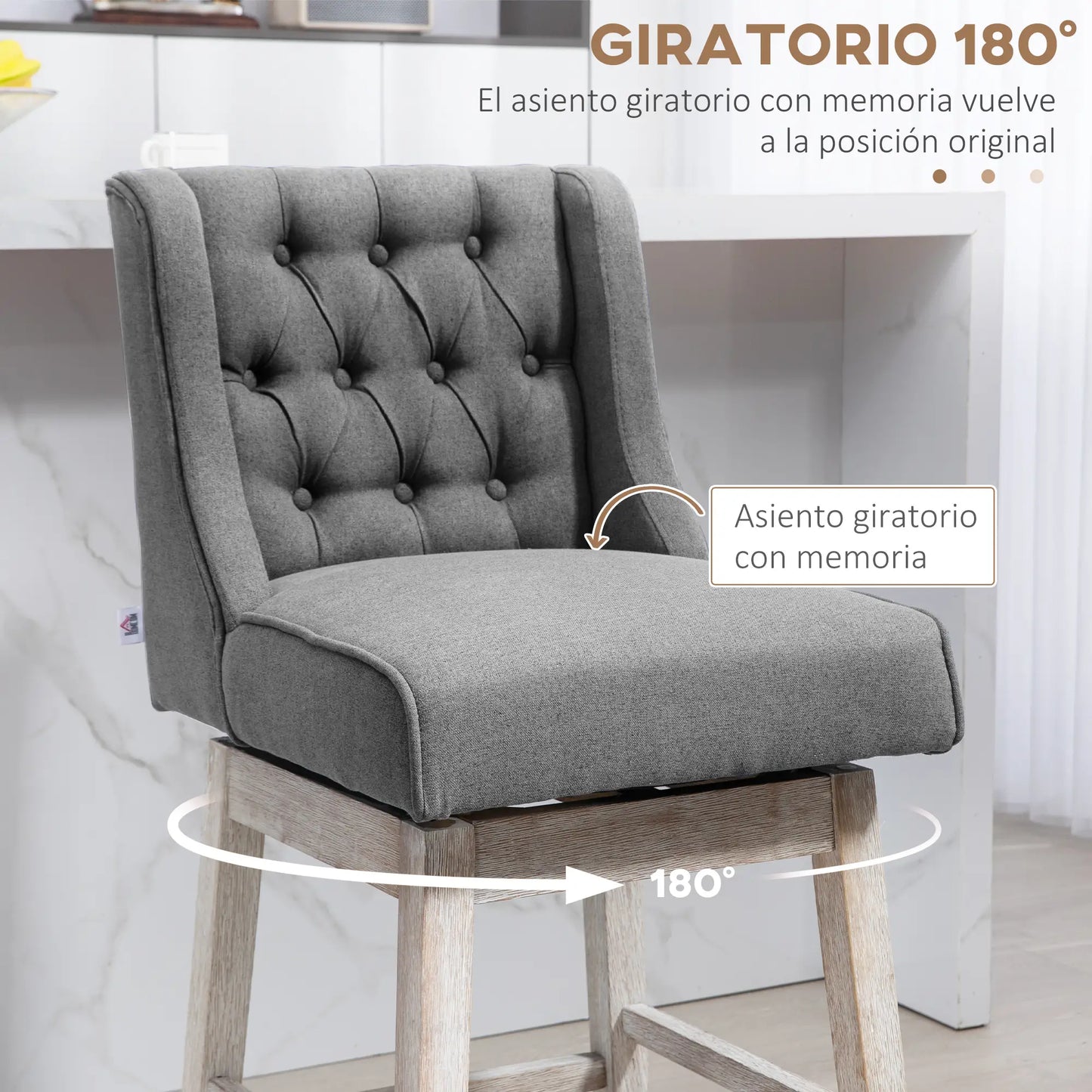 🪑 Juego de 2 Taburetes de Bar con Respaldo Giratorio 180° – Tapizados en Tela Gris con Patas de Madera de Caucho