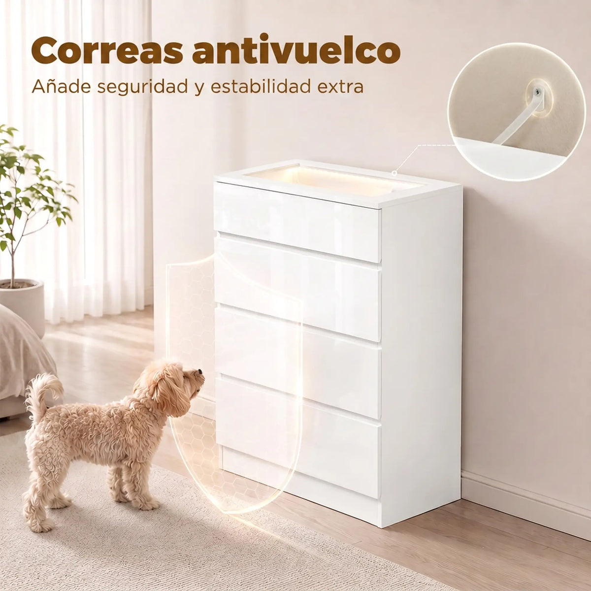 💎 CÓMODA JEWEL LED 4C – BLANCA CON JOYERO, ENCIMERA DE CRISTAL Y LED RGB