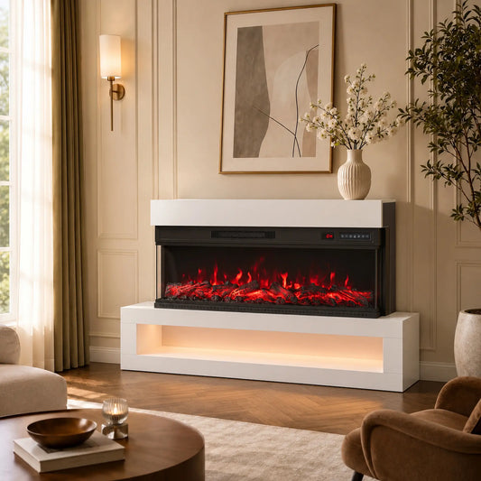 🔥 CHIMENEA ELÉCTRICA PANORAMIC FLAME 110 – BLANCA CON LLAMAS 3D, MUEBLE TV Y LUZ LED