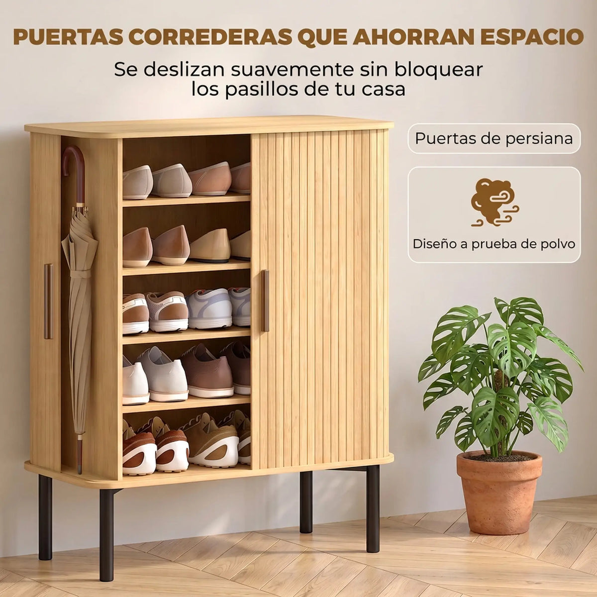 👞 ZAPATERO OAK SLIDE 5 – ROBLE CON PUERTAS CORREDERAS DE LAMAS Y 5 NIVELES