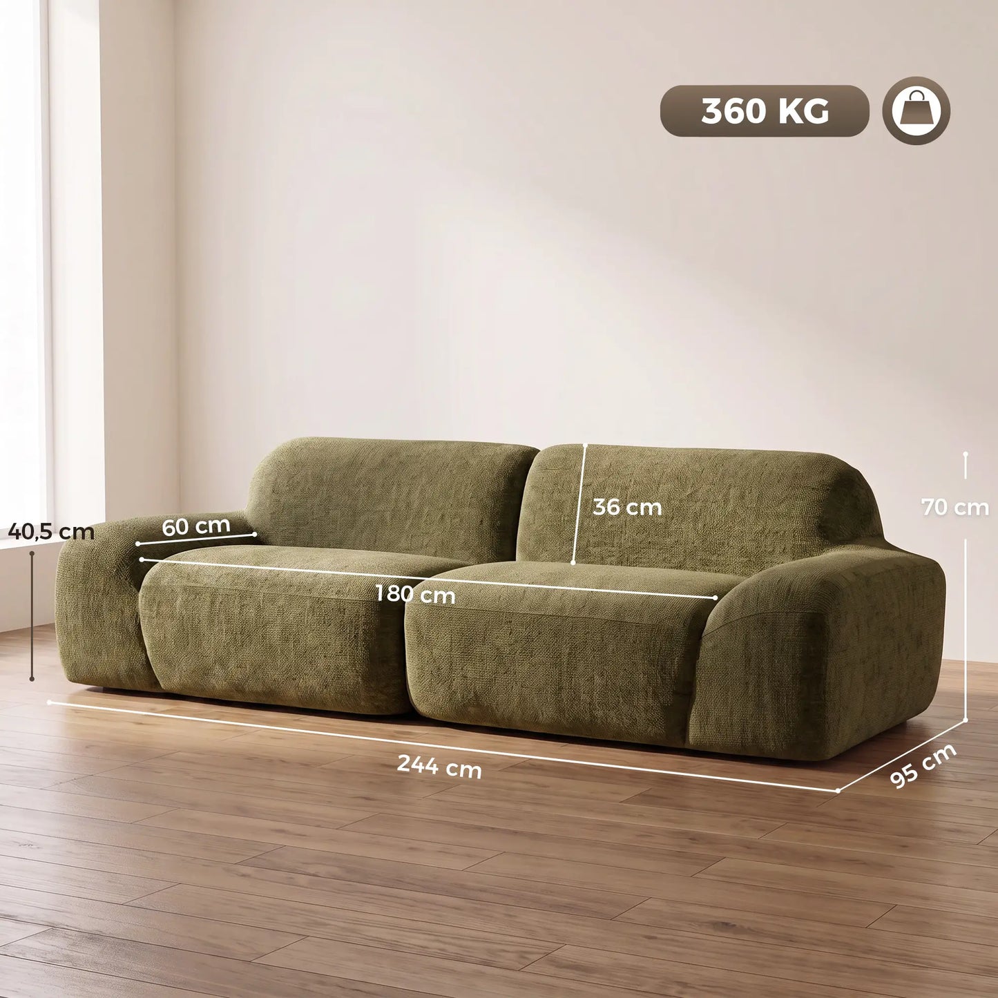 🛋️ Sofá de 3 Plazas Redondeado en Chenilla – Verde Oscuro | JAM MUEBLES