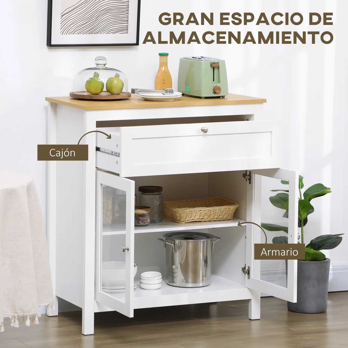APARADOR DE COCINA MODERNO CON PUERTAS DE VIDRIO – BLANCO Y MADERA image 1