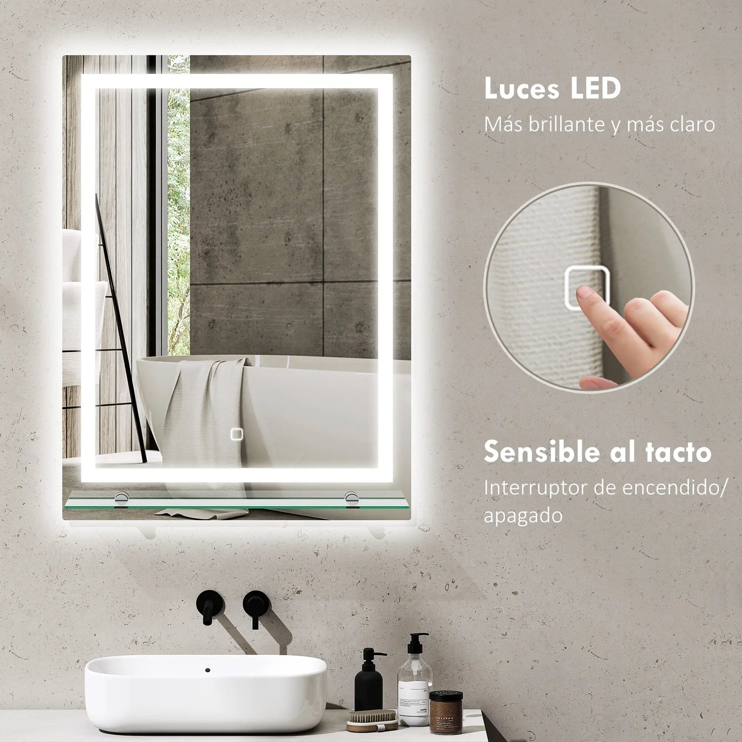 ESPEJO DE BAÑO LED AURION SHELF 60X80 CON ESTANTE DE VIDRIO Y MEMORIA image 4