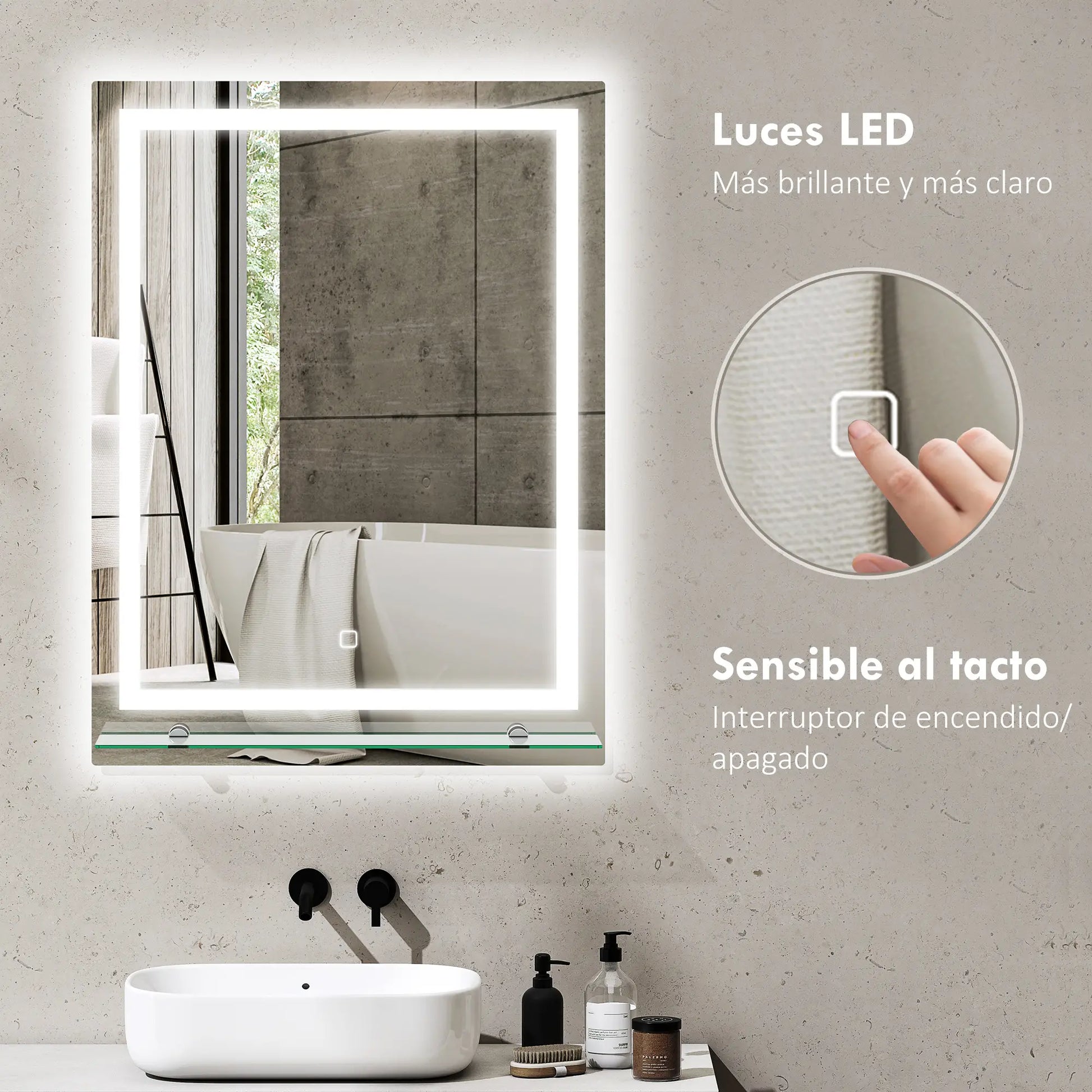 ESPEJO DE BAÑO LED AURION SHELF 60X80 CON ESTANTE DE VIDRIO Y MEMORIA image 4